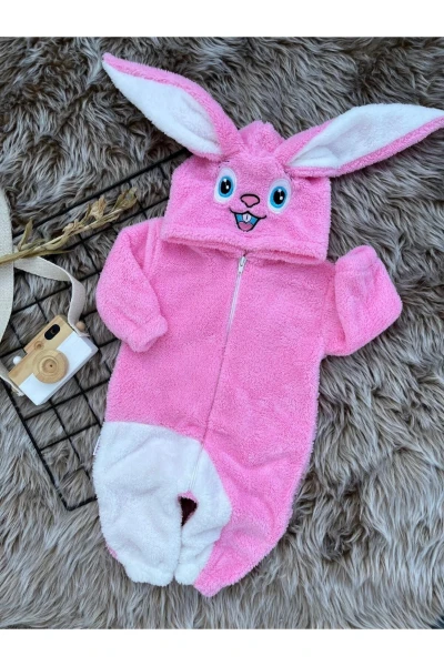 Peluş Fermuarlı Kışlık Tavşan Kız Bebek Uyku Tulumu - PEMBE-BEYAZ