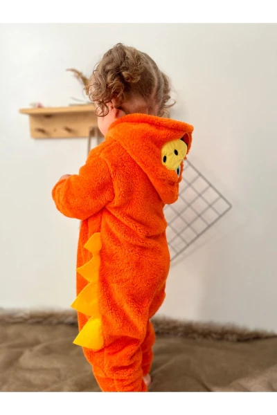 Pelüş Unisex Fermuarlı Kışlık Dinozor Bebek Uyku Tulumu - TURUNCU-SARI