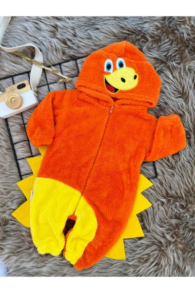 Pelüş Unisex Fermuarlı Kışlık Dinozor Bebek Uyku Tulumu - TURUNCU-SARI