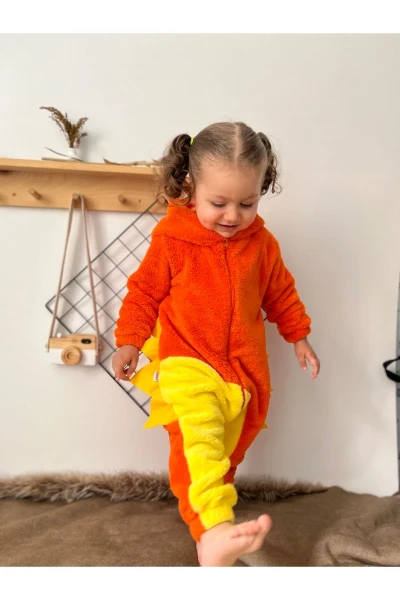 Pelüş Unisex Fermuarlı Kışlık Dinozor Bebek Uyku Tulumu - TURUNCU-SARI