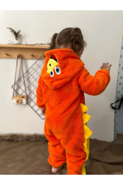 Pelüş Unisex Fermuarlı Kışlık Dinozor Bebek Uyku Tulumu - TURUNCU-SARI