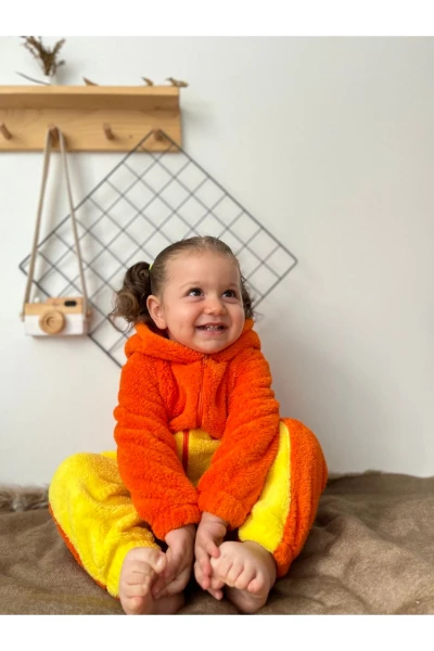 Pelüş Unisex Fermuarlı Kışlık Dinozor Bebek Uyku Tulumu - TURUNCU-SARI