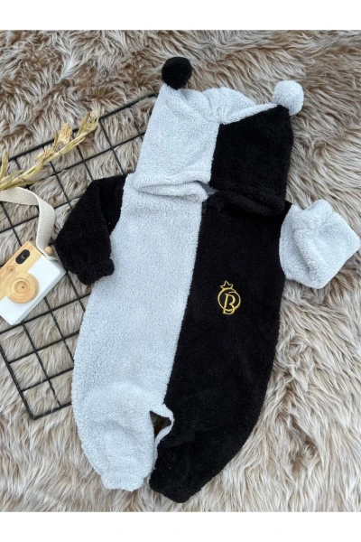 Peluş Unisex Fermuarlı Kışlık Ponponlu Palyaço Bebek Uyku Tulumu - GRİ-SİYAH
