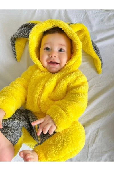 Peluş Unisex Fermuarlı Kışlık Tavşan Bebek Uyku Tulumu - SARI-KIRÇILLI GRİ