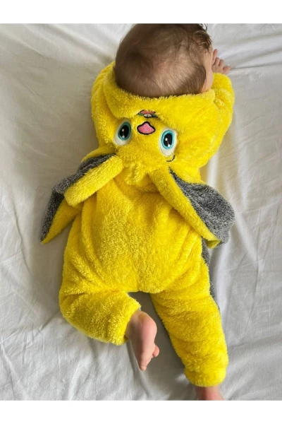Peluş Unisex Fermuarlı Kışlık Tavşan Bebek Uyku Tulumu - SARI-KIRÇILLI GRİ