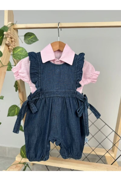 'Pera' Gömlekli Kot Salopetli Yandan Bağlamalı Kısa Kol 2'li Kız Bebek Takım/Tulum Koyu Renk - PEMBE