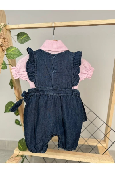 'Pera' Gömlekli Kot Salopetli Yandan Bağlamalı Kısa Kol 2'li Kız Bebek Takım/Tulum Koyu Renk - PEMBE