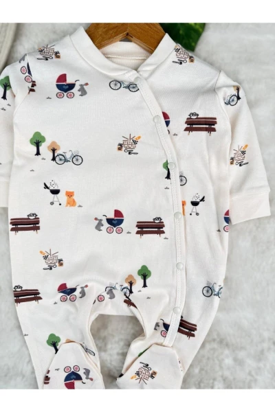 Piknik Bisiklet Park Baskılı %100 Pamuklu Şapkalı Unisex Bebek Tulum Set - RENKLİ