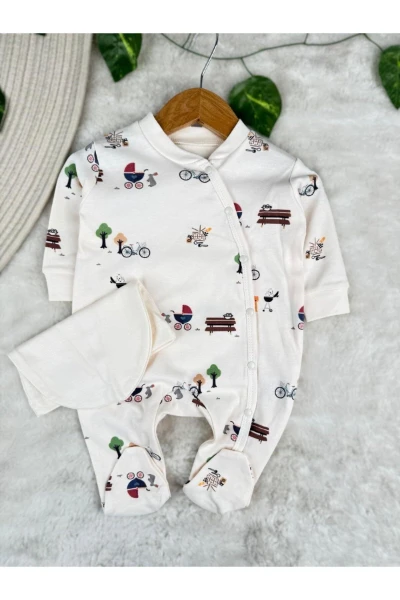 Piknik Bisiklet Park Baskılı %100 Pamuklu Şapkalı Unisex Bebek Tulum Set - RENKLİ