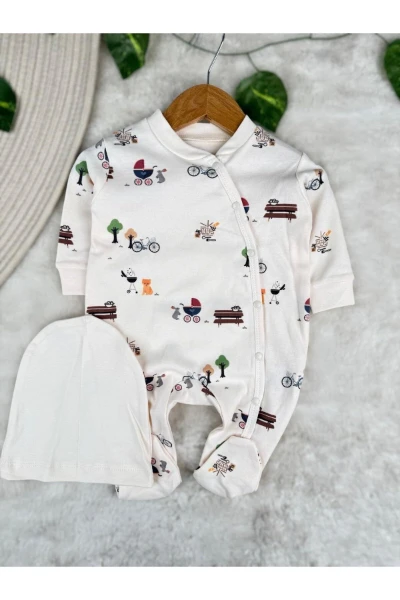 Piknik Bisiklet Park Baskılı %100 Pamuklu Şapkalı Unisex Bebek Tulum Set - RENKLİ
