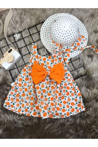 Portakal Baskılı Şapkalı Yazlık Kız Bebek Elbise - TURUNCU