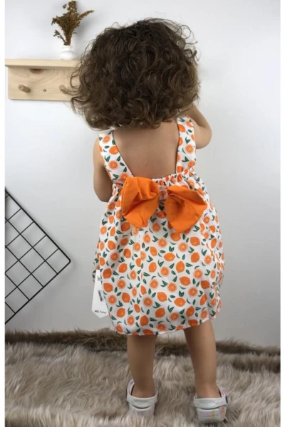 Portakal Baskılı Şapkalı Yazlık Kız Bebek Elbise - TURUNCU