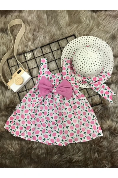 Portakal Baskılı Şapkalı Yazlık Kız Bebek Elbise - PEMBE