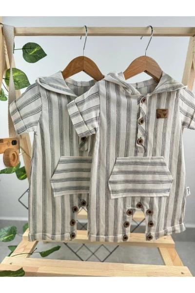 POSİTİVE ÇİZGİLİ KAPÜŞONLU ERKEK BEBEK TULUM - YEŞİL
