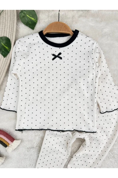 Puantiyeli %100 Pamuk Esnek 2 İp Mevsimlik Kız Bebek/Çocuk Pijama Takım - BEYAZ