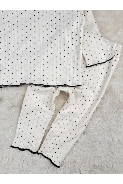 Puantiyeli %100 Pamuk Esnek 2 İp Mevsimlik Kız Bebek/Çocuk Pijama Takım - BEYAZ