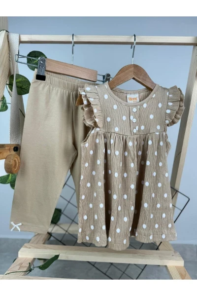 PUANTİYELİ DESEN TAYTLI YAZLIK KIZ BEBEK/ÇOCUK TAKIM - KAHVERENGİ