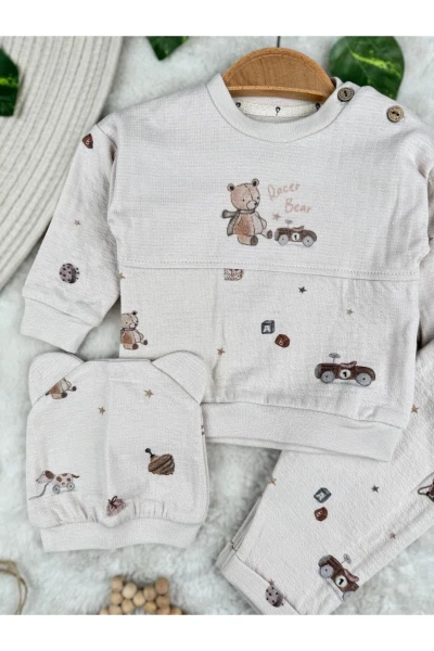 Racer Bear Baskılı %100 Pamuklu Mevsimlik Şapkalı 3'lü Erkek Bebek Takım - BEJ