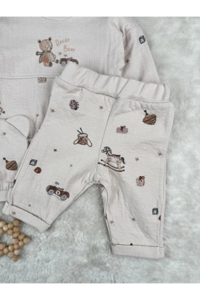 Racer Bear Baskılı %100 Pamuklu Mevsimlik Şapkalı 3'lü Erkek Bebek Takım - BEJ