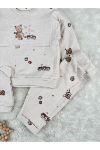 Racer Bear Baskılı %100 Pamuklu Mevsimlik Şapkalı 3'lü Erkek Bebek Takım - BEJ