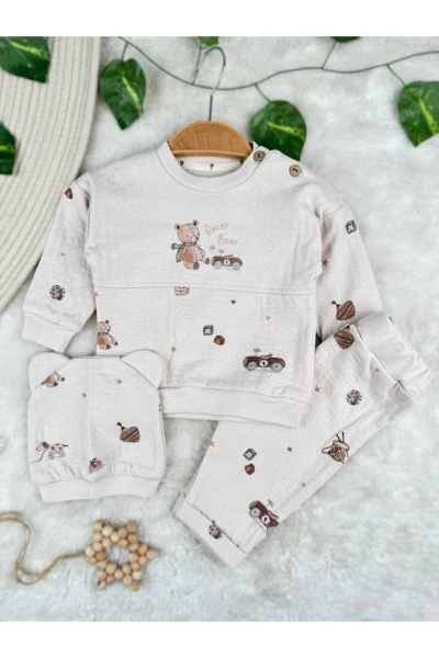 Racer Bear Baskılı %100 Pamuklu Mevsimlik Şapkalı 3'lü Erkek Bebek Takım - BEJ