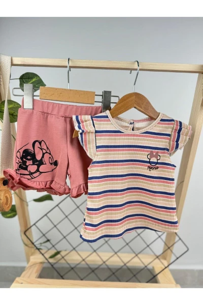 Renkli Çizgili Minnie Yazlık Kız Bebek İkili Takım - GÜL KURUSU