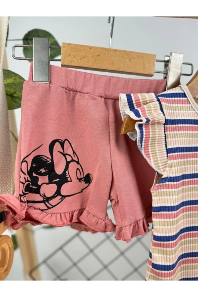 Renkli Çizgili Minnie Yazlık Kız Bebek İkili Takım - GÜL KURUSU