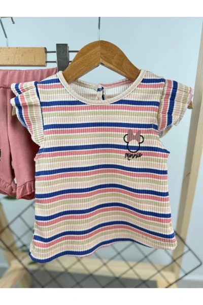 Renkli Çizgili Minnie Yazlık Kız Bebek İkili Takım - GÜL KURUSU