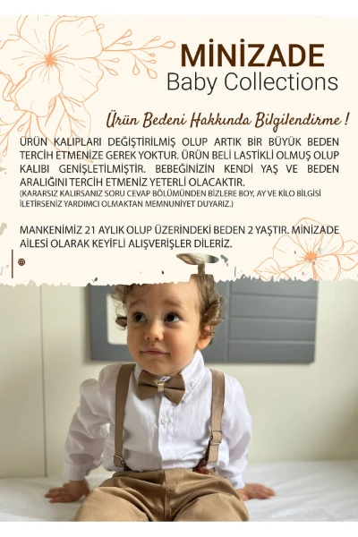 Salopetli Papyonlu Düz Beyaz Gömlekli Pantolonlu Bebek Salopet Üçlü Takım - SÜTLÜ KAHVERENGİ