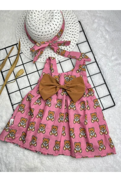 Sevimli Ayıcık Desenli Şapkalı Yazlık Kız Bebek Elbise - PEMBE