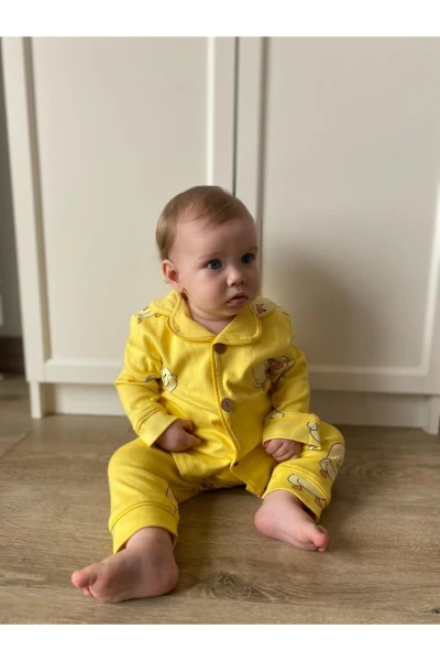 Sevimli Ördek Bebe Yakalı %100 Pamuk Yumuşacık Kumaş 2’li Unisex Pijama Takımı - SARI