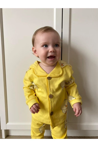 Sevimli Ördek Bebe Yakalı %100 Pamuk Yumuşacık Kumaş 2’li Unisex Pijama Takımı - SARI
