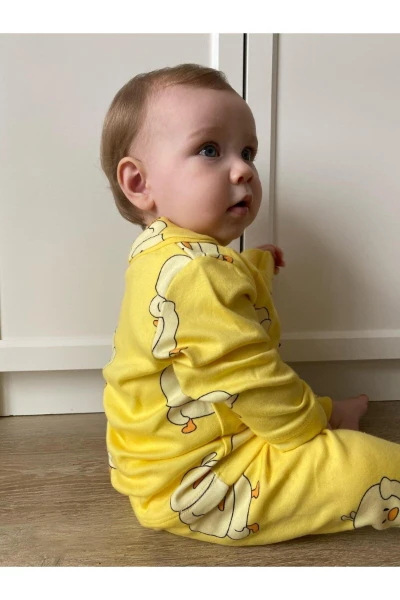 Sevimli Ördek Bebe Yakalı %100 Pamuk Yumuşacık Kumaş 2’li Unisex Pijama Takımı - SARI