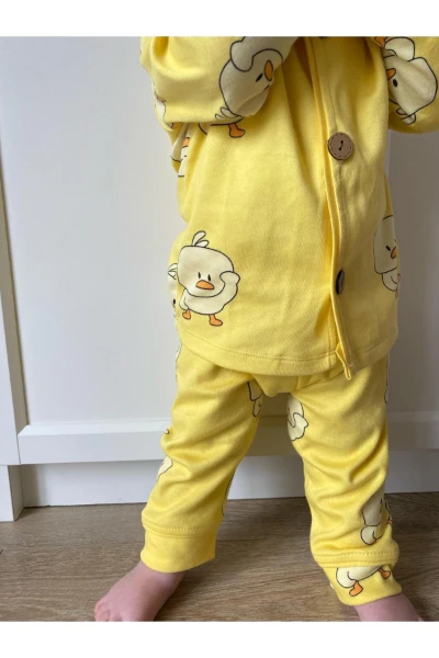 Sevimli Ördek Bebe Yakalı %100 Pamuk Yumuşacık Kumaş 2’li Unisex Pijama Takımı - SARI