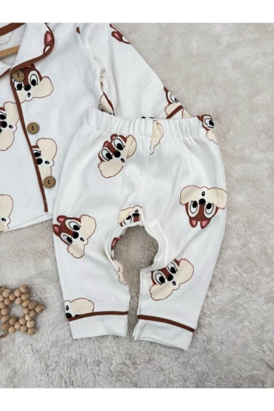 Sevimli Sincap Bebe Yakalı %100 Pamuk Yumuşacık Kumaş 2’li Unisex Pijama Takımı - BEYAZ