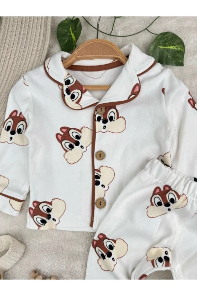 Sevimli Sincap Bebe Yakalı %100 Pamuk Yumuşacık Kumaş 2’li Unisex Pijama Takımı - BEYAZ