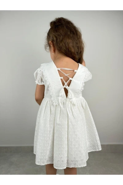 SIRTI İPLİ PAMUK DANTEL KIZ BEBEK/ÇOCUK ELBİSE - BEYAZ