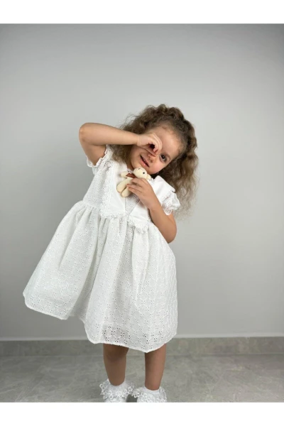 SIRTI İPLİ PAMUK DANTEL KIZ BEBEK/ÇOCUK ELBİSE - BEYAZ
