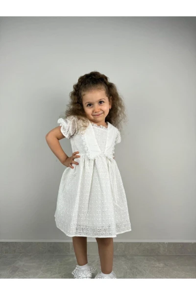SIRTI İPLİ PAMUK DANTEL KIZ BEBEK/ÇOCUK ELBİSE - BEYAZ