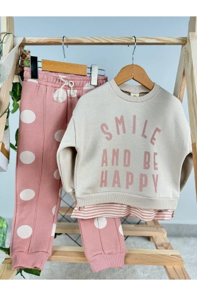 Smile and Be Happy Baskılı 3 İp Kışlık Kız Çocuk İkili Takım - PEMBE