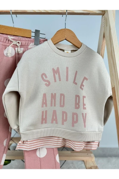 Smile and Be Happy Baskılı 3 İp Kışlık Kız Çocuk İkili Takım - PEMBE