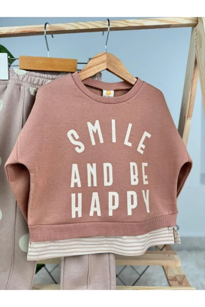 Smile and Be Happy Baskılı 3 İp Kışlık Kız Çocuk İkili Takım - KAHVERENGİ