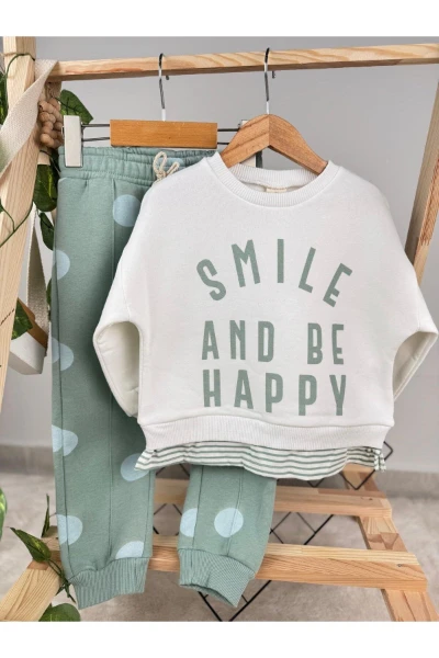 Smile and Be Happy Baskılı 3 İp Kışlık Kız Çocuk İkili Takım - YEŞİL