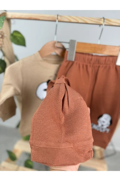 Snopy Baskılı Şapkalı 3'lü Takım Set - KAHVERENGİ