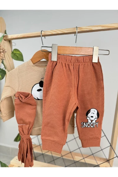 Snopy Baskılı Şapkalı 3'lü Takım Set - KAHVERENGİ