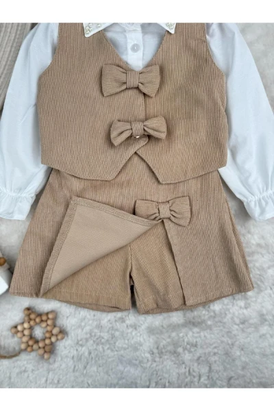 Şort Etekli Yelekli Gömleği Taş İşlemeli Premium Kalite Bayramlık Şık 3'lü Kız Çocuk Takım - KAHVERENGİ
