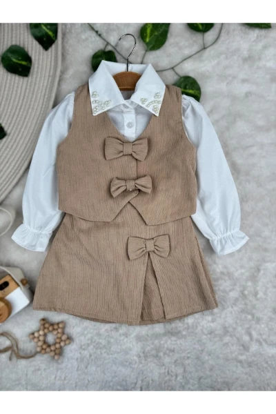 Şort Etekli Yelekli Gömleği Taş İşlemeli Premium Kalite Bayramlık Şık 3'lü Kız Çocuk Takım - KAHVERENGİ