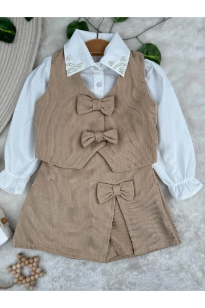 Şort Etekli Yelekli Gömleği Taş İşlemeli Premium Kalite Bayramlık Şık 3'lü Kız Çocuk Takım - KAHVERENGİ