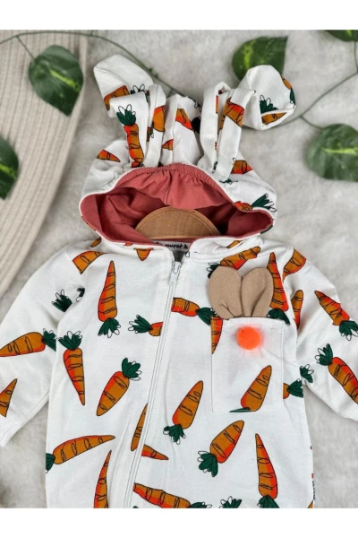 Tavşan Kulaklı Havuç Desenli Unisex Tulum - TURUNCU