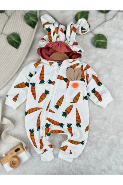 Tavşan Kulaklı Havuç Desenli Unisex Tulum - TURUNCU